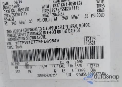 2014 Ford F-150 Platinum из США, поврежденный, VIN 1FTFW1ET7EFB69549